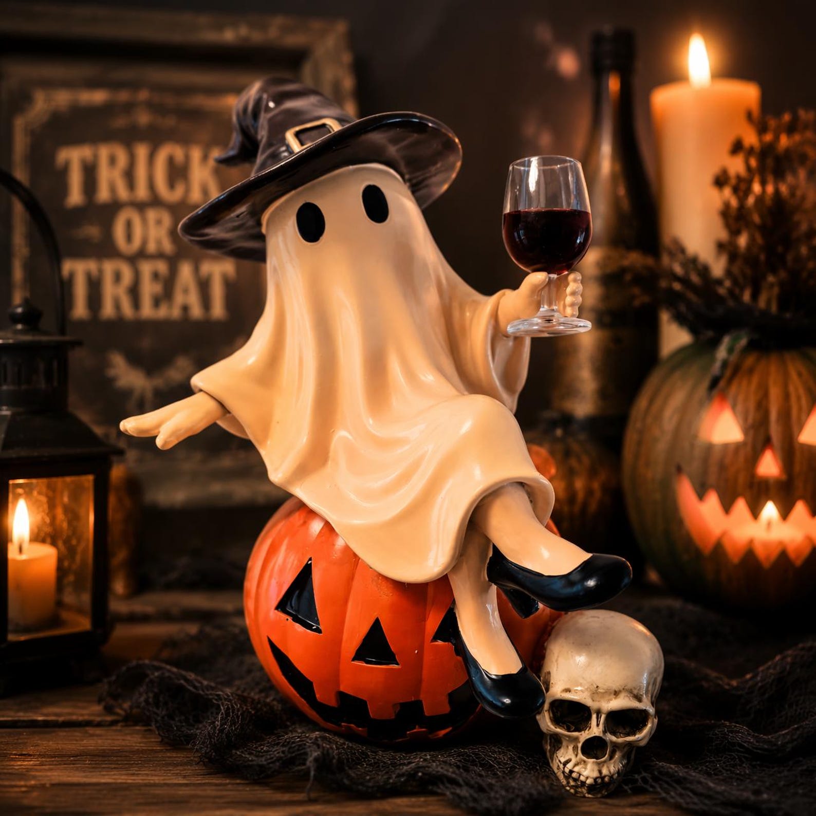 Halloween Tipsy Ghost Witch Statue Desk Ornament Halloween Pumpkin Decor
