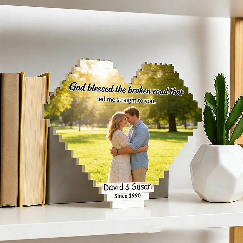 Personalized God Blessed the Broken Road Heart-Shaped Photo Building Brick Puzzles with Custom Name and Year Valentine's Day Religious Gift for Couple