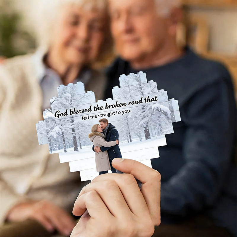 Personalized God Blessed the Broken Road Heart-Shaped Photo Building Brick Puzzles with Custom Name and Year Valentine's Day Religious Gift for Couple