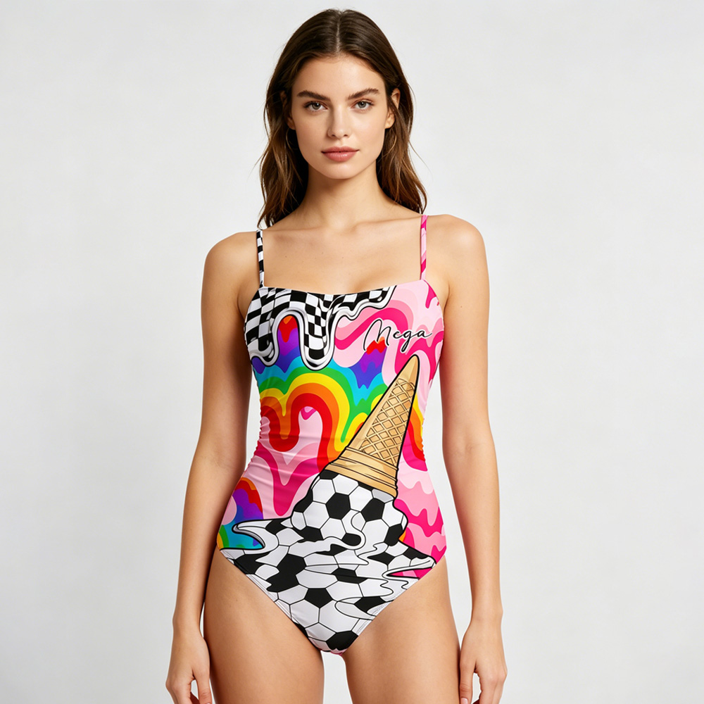 Personalized Women’s Rainbow Soccer Ice Cream One-Piece Swimsuit – Colorful Football Print Bathing Suit