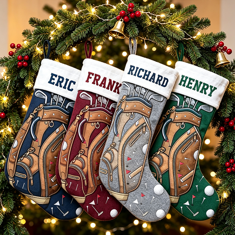 Personalized Golf Bag Christmas Stocking, Custom Name Golf Club Print Xmas Stocking with White Sherpa Cuff, Golf Lover Christmas Hanging Decor Gift for Golfer Dad