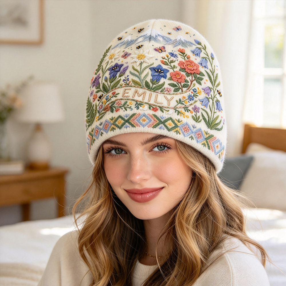 Personalized Mountain Wildflower Beanie | Custom Name Alpine Floral Winter Knit Hat