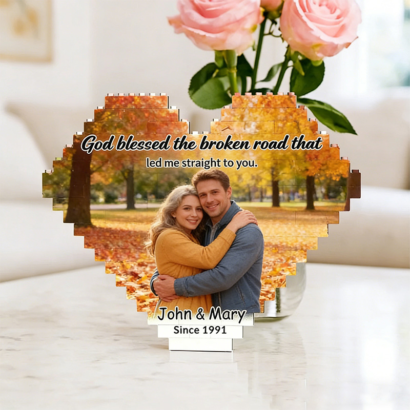 Personalized God Blessed the Broken Road Heart-Shaped Photo Building Brick Puzzles with Custom Name and Year Valentine's Day Religious Gift for Couple