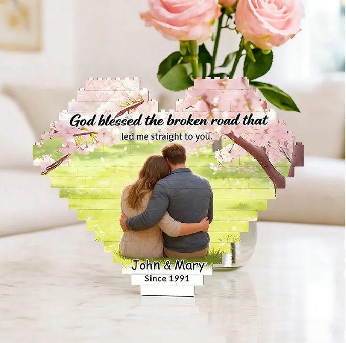 Personalized God Blessed the Broken Road Heart-Shaped Photo Building Brick Puzzles with Custom Name and Year Valentine's Day Religious Gift for Couple