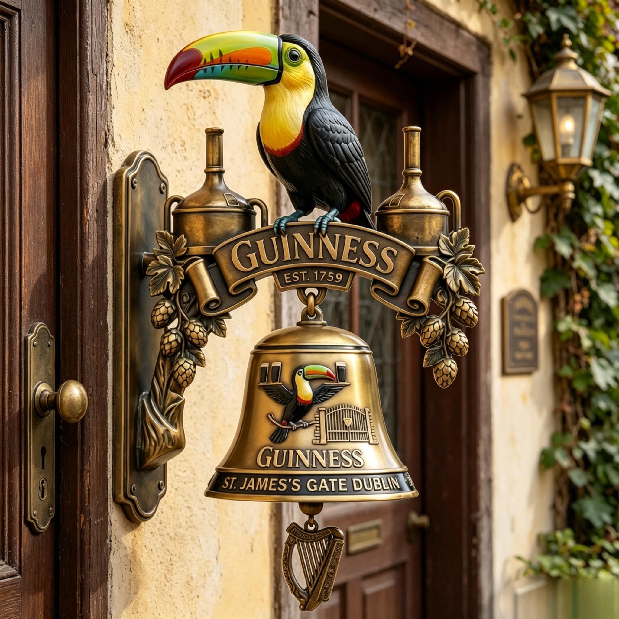 Guinness Toucan Doorbell Wall Bell Vintage Pub Style Hanging Door Chime Tropical Bird Decor Rustic Entryway Accent