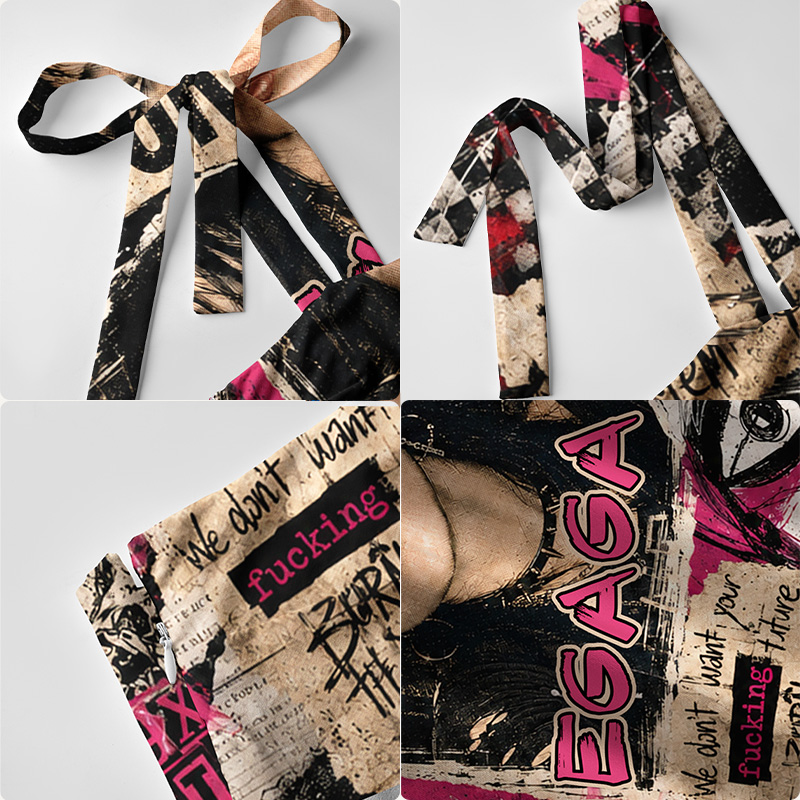 Personalized Grunge Punk Maxi Dress Collage Print Custom Photo and Name Bow Strap Rock Graphic Flowy Dress