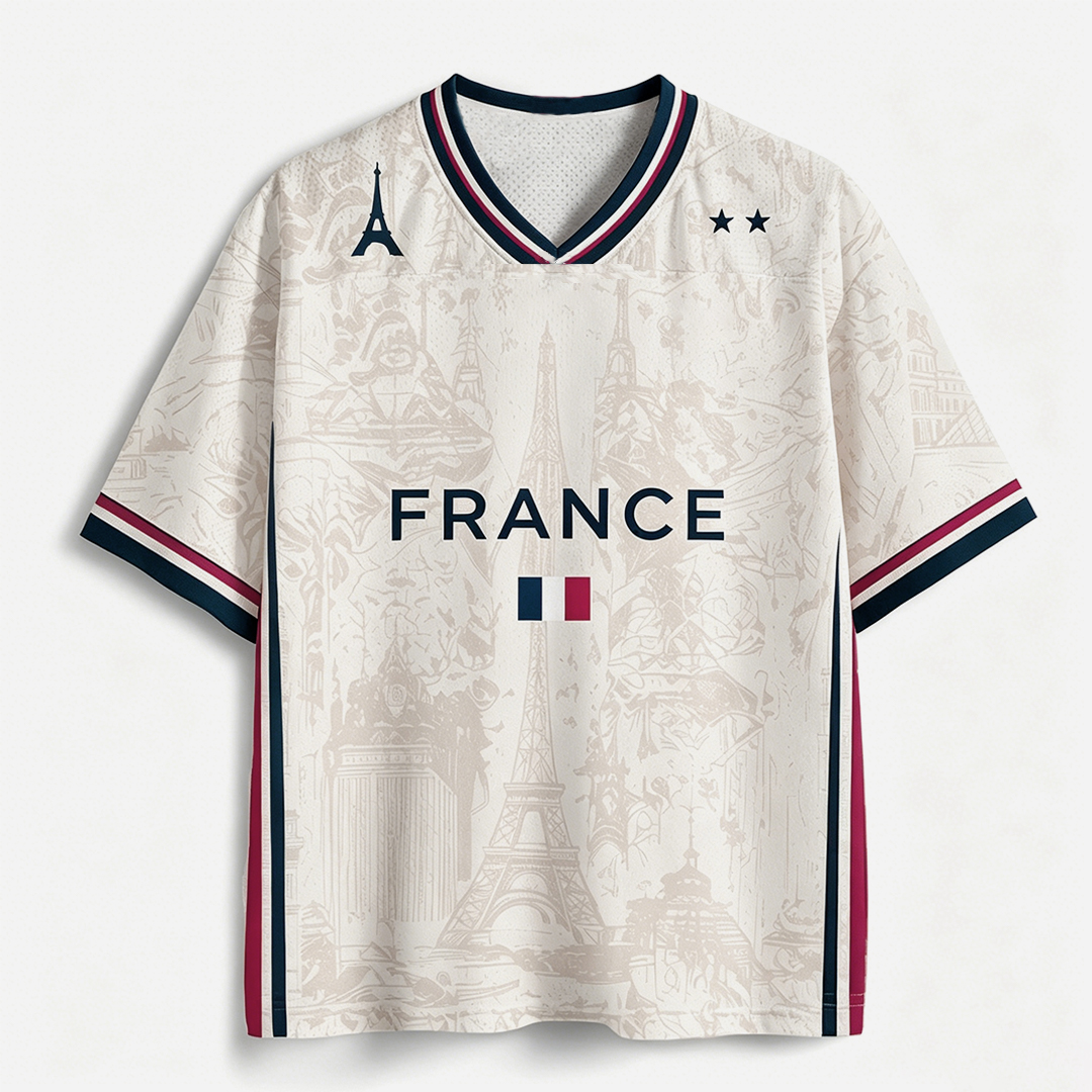 Personalized France Soccer Mesh Jersey Ivory Retro Soccer Shirt with Subtle Paris Print and Custom Name and Number