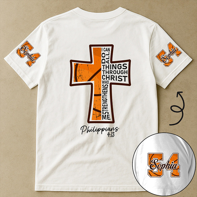 Personalized Basketball and Faith T-Shirt with Philippians 4:13 and Custom Name Christian Sports Gift Religious Gift for Basketball Lover