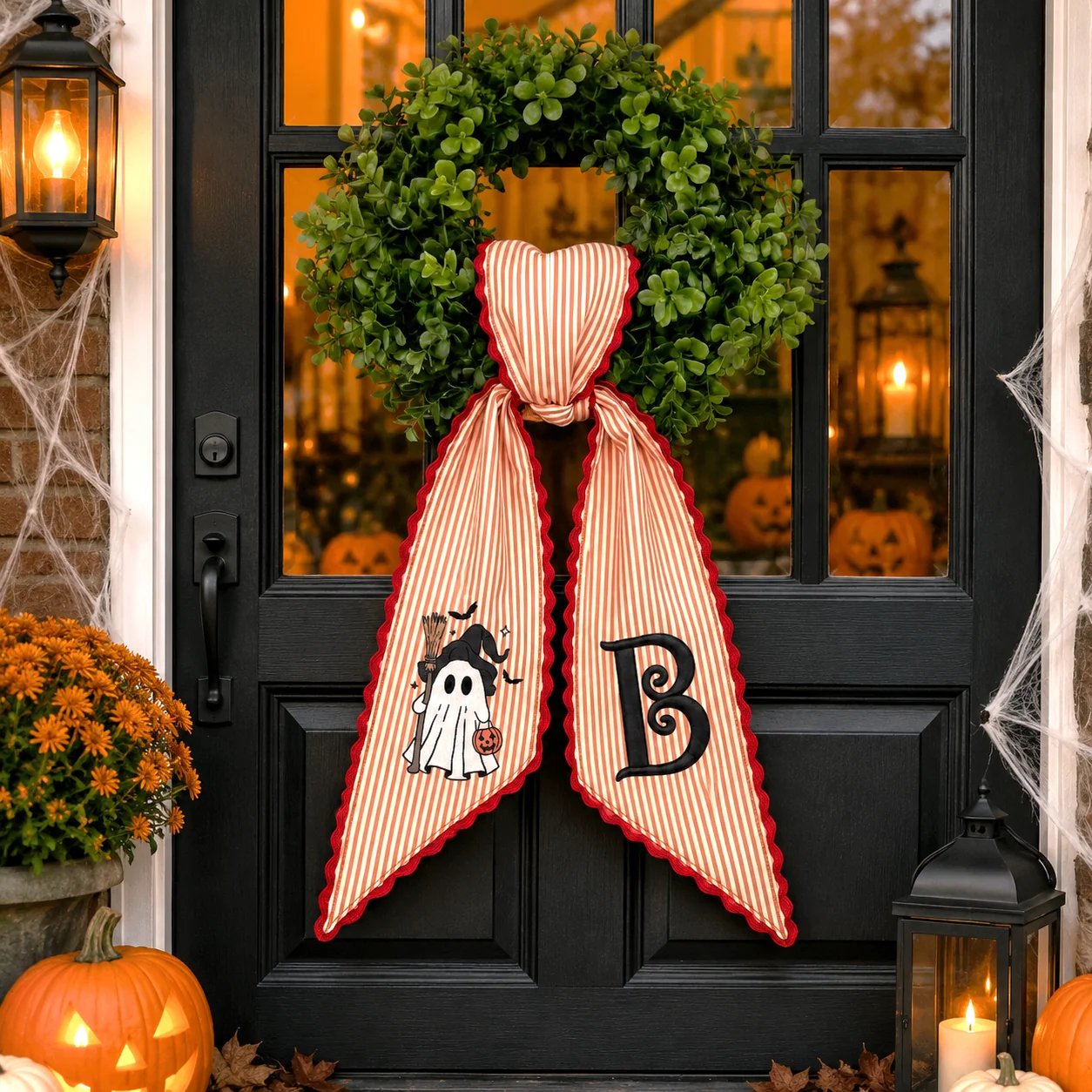 Personalized Halloween Wreath Sash Bow, Monogram Initial Ghost Witch Wreath Ribbon, Wreath Tail, Front Door Fall Halloween Decor