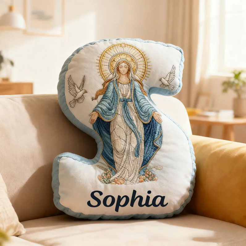 Personalized Virgin Mary Letter Pillow with Custom Name Christian Home Decor Catholic Gift for Her Our Lady of Grace Doves and Floral Graphic 3D Print