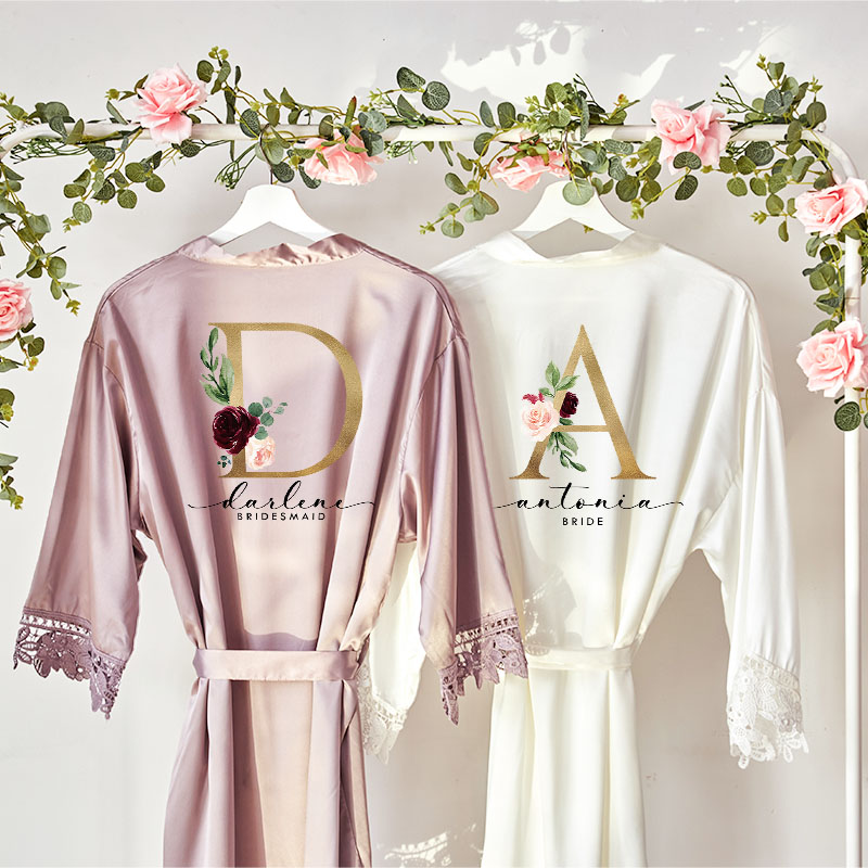 Personalized Bridesmaid Floral Gold Initials Robes Custom Bride Wedding Dressing Gown Maid of Honor Bachelorette Party Favors Bridal Shower Gift