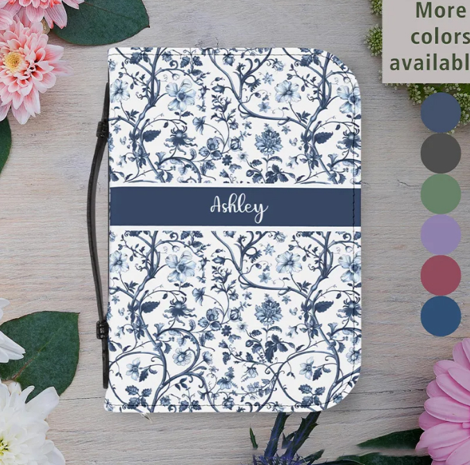Personalized Floral PU Leather Bible Cover Case with Custom Name and Carry Handle Elegant Toile Design Religious Birthday Gift for Christian Women