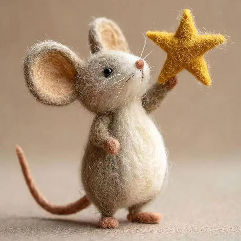 Needle Felted Mouse with Star, Handmade Wool Animal Figurine, Whimsical Miniature Gift