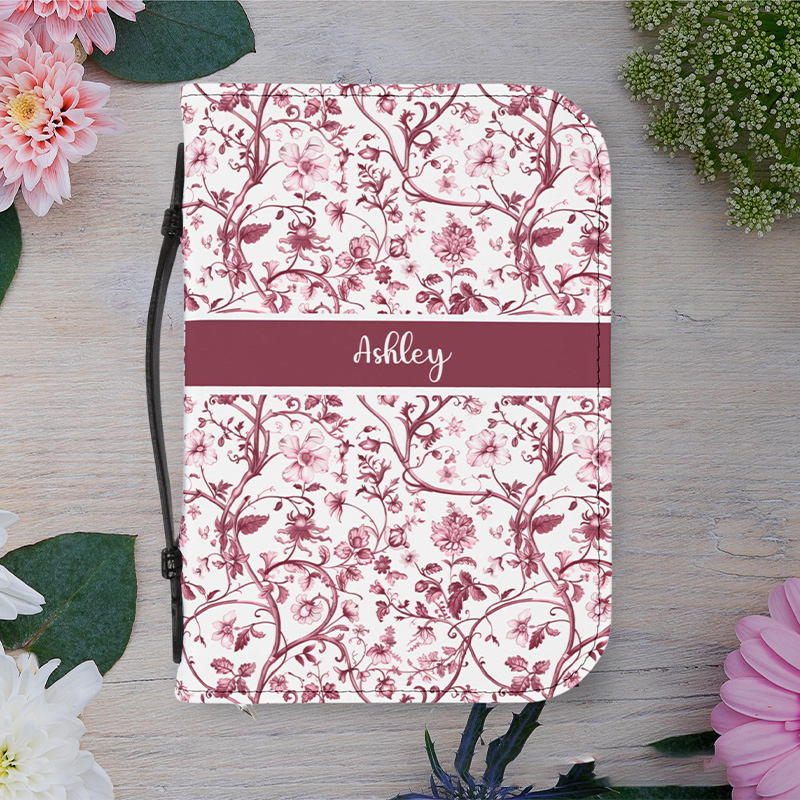Personalized Floral PU Leather Bible Cover Case with Custom Name and Carry Handle Elegant Toile Design Religious Birthday Gift for Christian Women