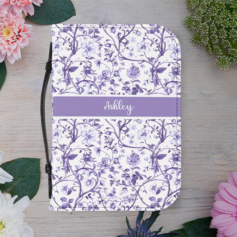 Personalized Floral PU Leather Bible Cover Case with Custom Name and Carry Handle Elegant Toile Design Religious Birthday Gift for Christian Women