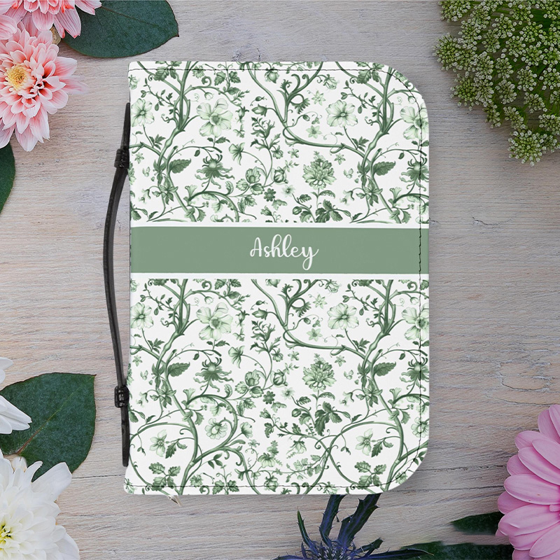 Personalized Floral PU Leather Bible Cover Case with Custom Name and Carry Handle Elegant Toile Design Religious Birthday Gift for Christian Women