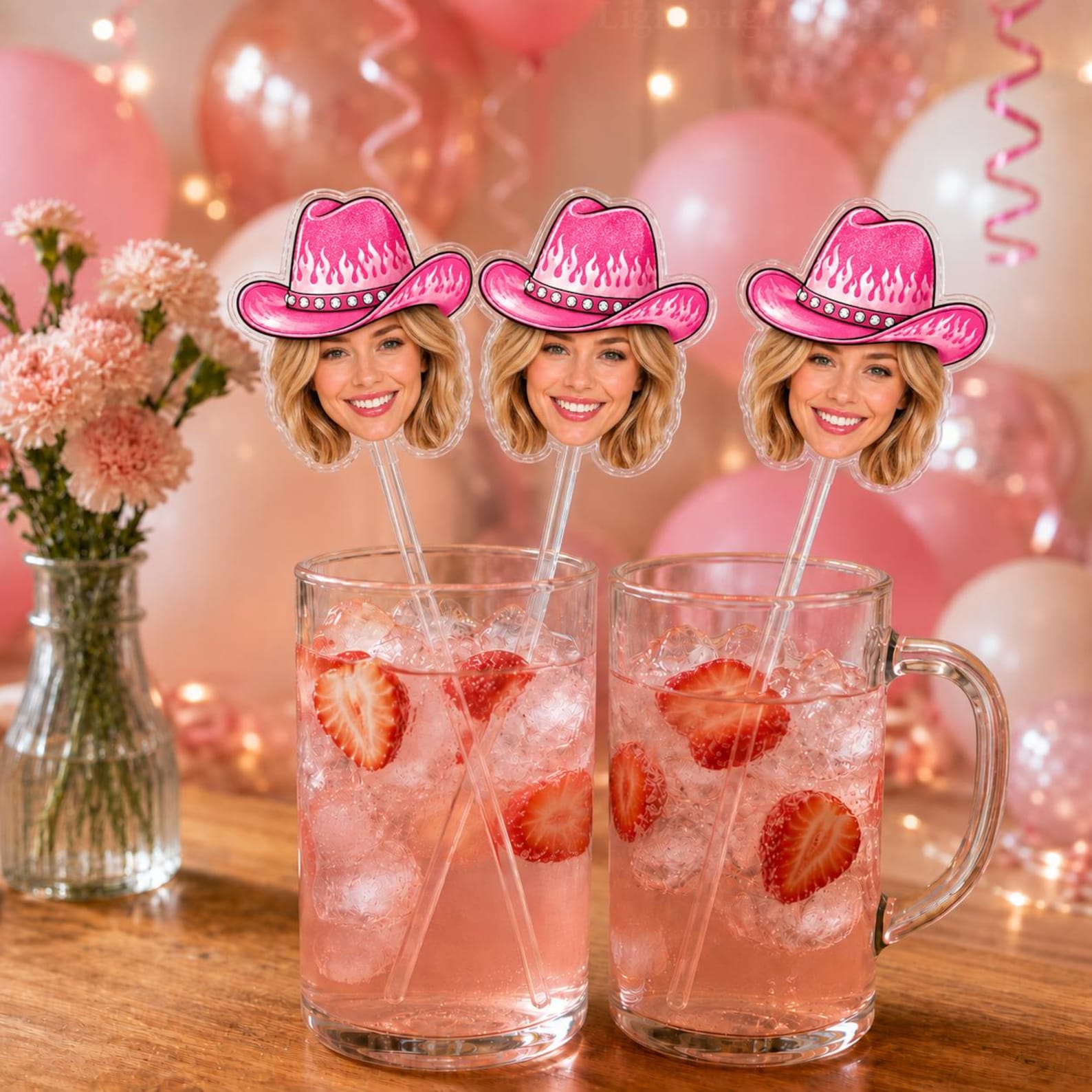 Personalized Photo Face Cocktail Stirrers, Party Hat Drink Decorations (Acrylic)