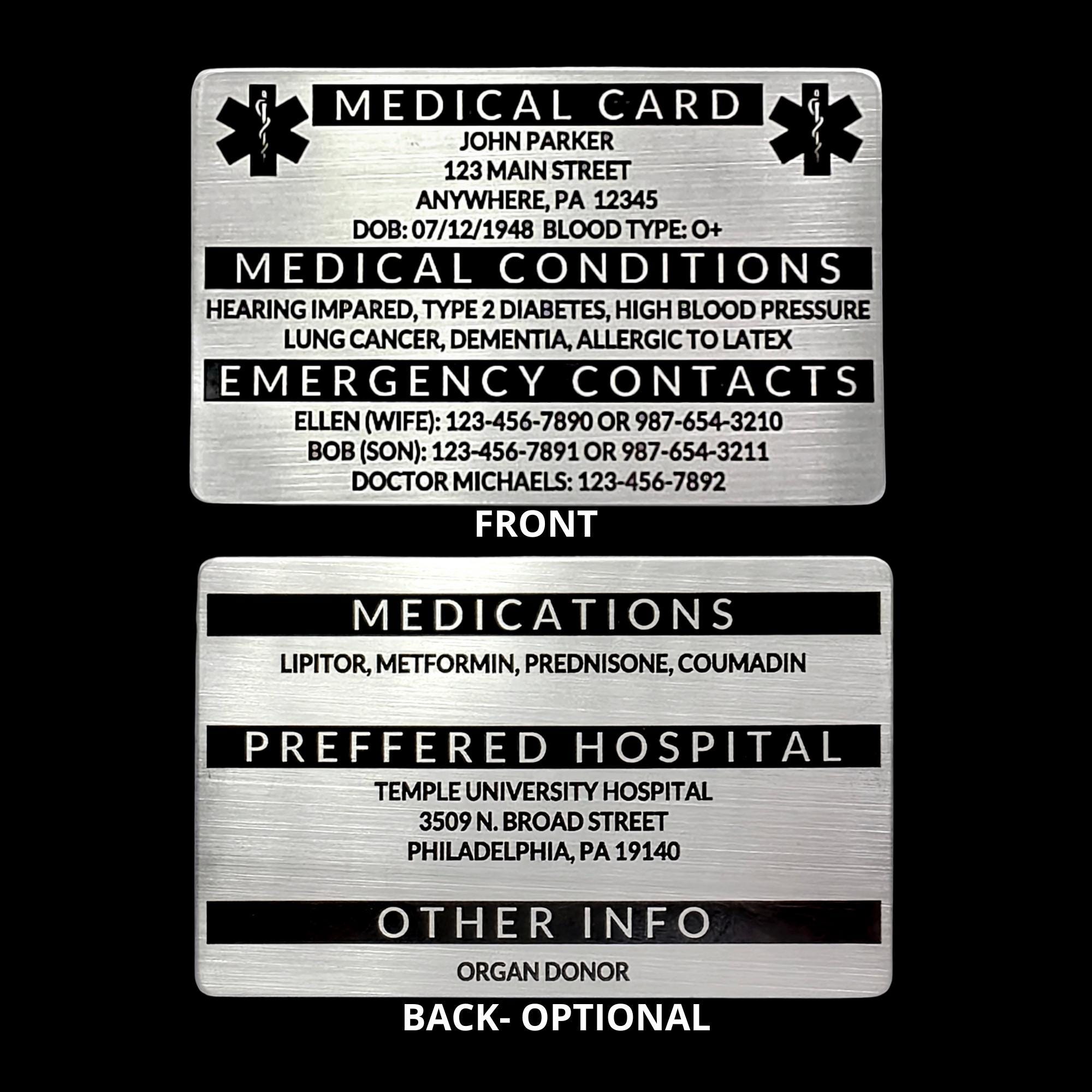 Personalized Medical ID Card, Personalized Medical Alert Emergency Wallet Card, Laser Engraved on Blue or Red Anodized Aluminum