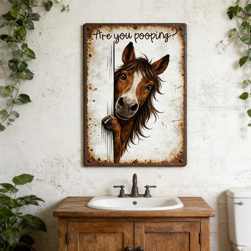 Are You Pooping Horse Sign, Funny Farm Animal Decor, Peeking Horse Rustic Metal Sign, Farmhouse Bathroom Humor Wall Art