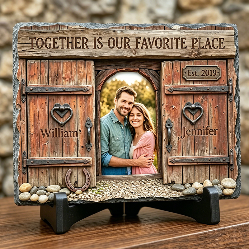 Personalized Retro Couple Photo Rectangle Shaped Stone with Stand Together is Our Favorite Place Stone Anniversary Gift Couple Home Keepsake Gift