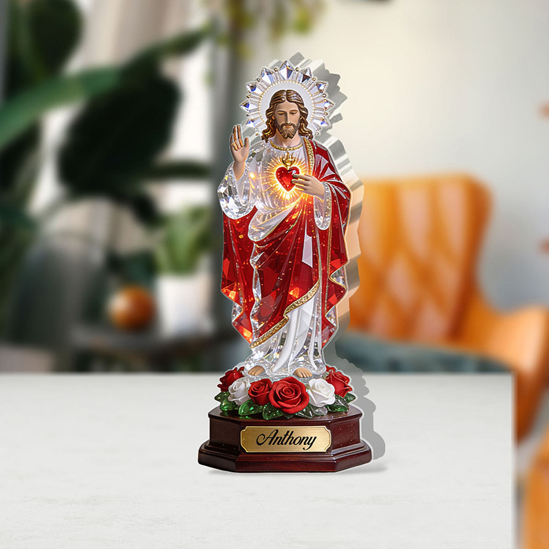 Personalized Sacred Heart Of Jesus Acrylic Plaque with Custom Name Custom Shaped Art Plaque Desktop Decor Religious Christian Gift for Jesus Lover