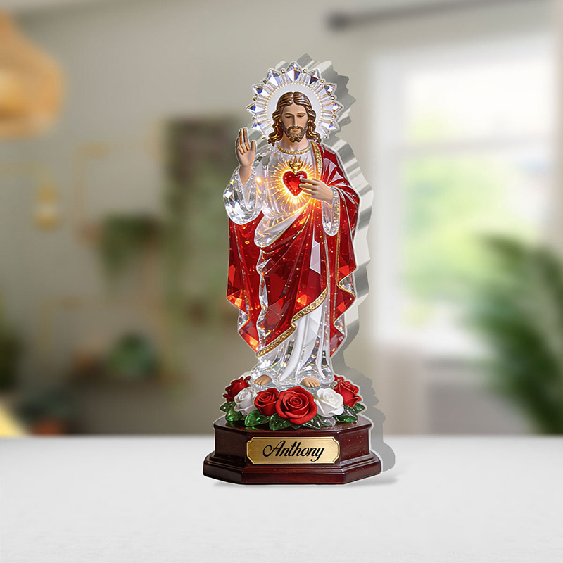 Personalized Sacred Heart Of Jesus Acrylic Plaque with Custom Name Custom Shaped Art Plaque Desktop Decor Religious Christian Gift for Jesus Lover