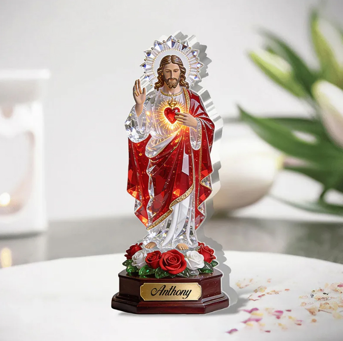 Personalized Sacred Heart Of Jesus Acrylic Plaque with Custom Name Custom Shaped Art Plaque Desktop Decor Religious Christian Gift for Jesus Lover