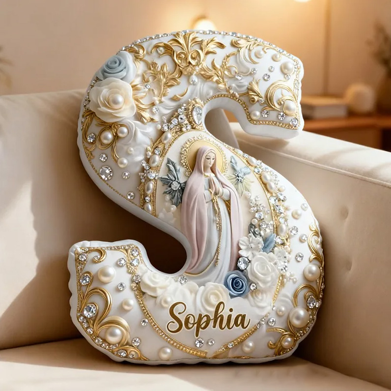 Personalized Virgin Mary Letter Pillow with Custom Name Religious Home Decor Catholic Gift for Her Pray Gift Pearl and Floral Graphic 3D Print Pillow