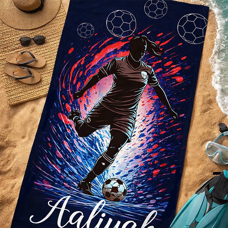 Personalized Soccer Beach Towel Kick of Fire Custom Name Gift for Soccer Lovers