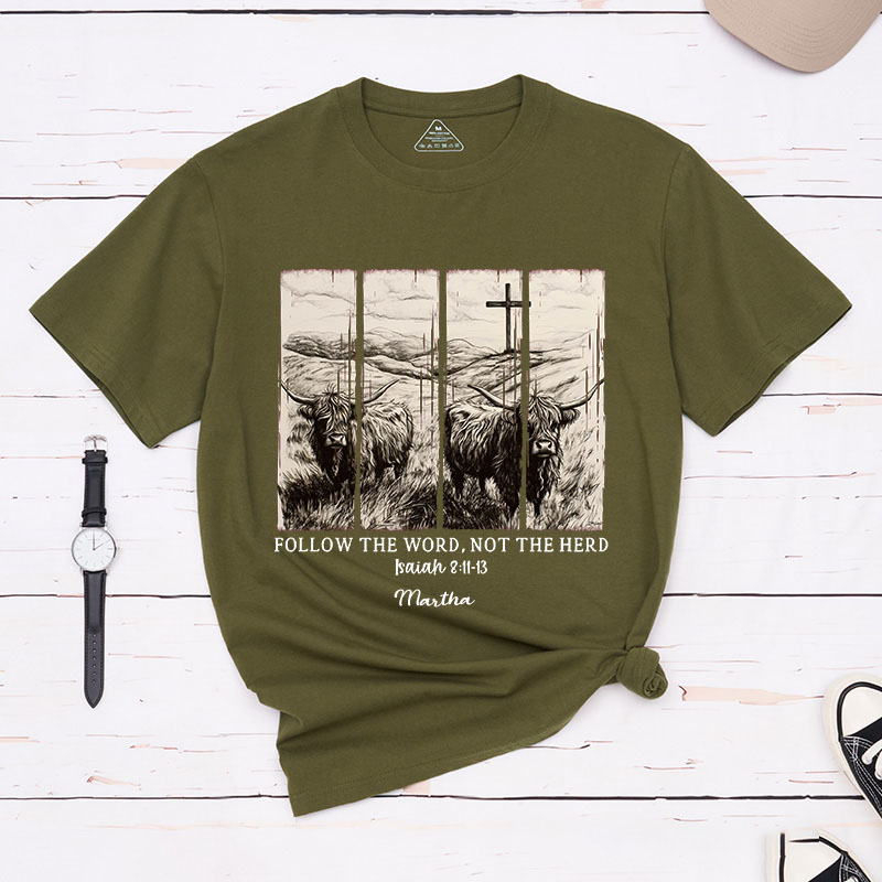 Personalized Follow the Word not the Herd Classic T-Shirt with Name Christian Bible Verse Shirt Religious Gift Faith Gift for Christians