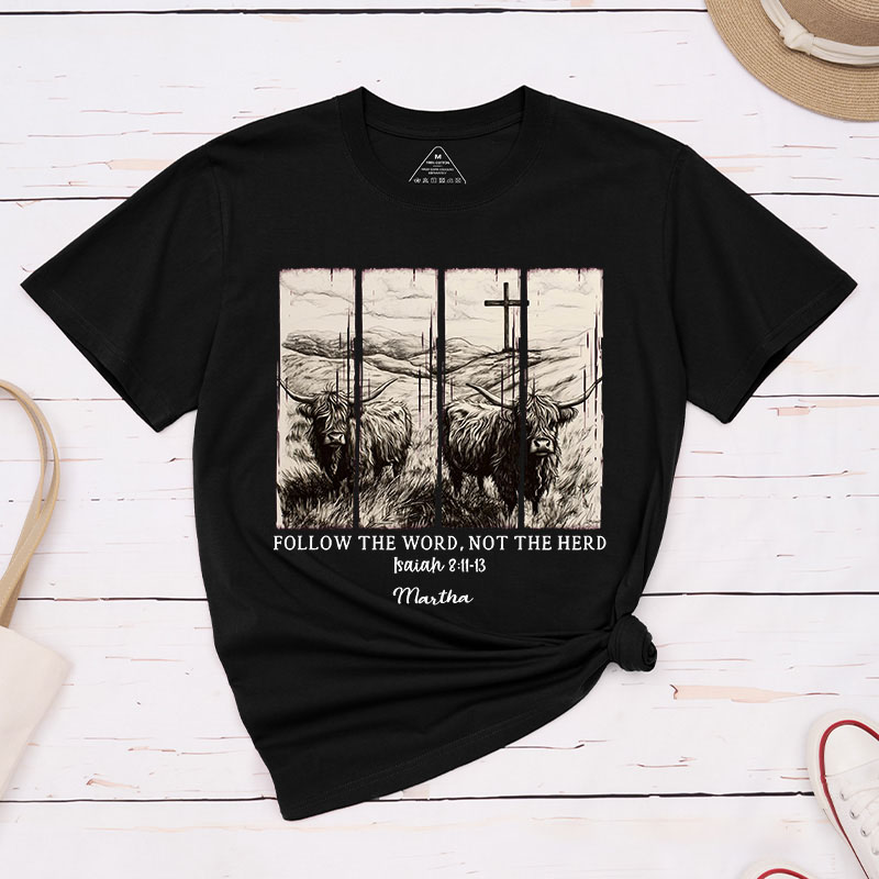 Personalized Follow the Word not the Herd Classic T-Shirt with Name Christian Bible Verse Shirt Religious Gift Faith Gift for Christians