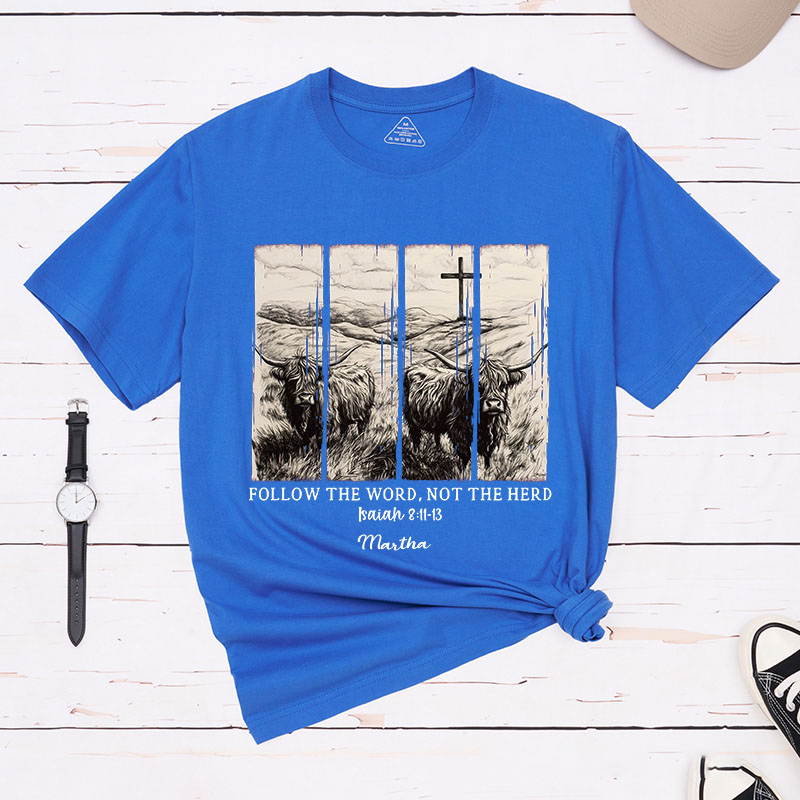 Personalized Follow the Word not the Herd Classic T-Shirt with Name Christian Bible Verse Shirt Religious Gift Faith Gift for Christians