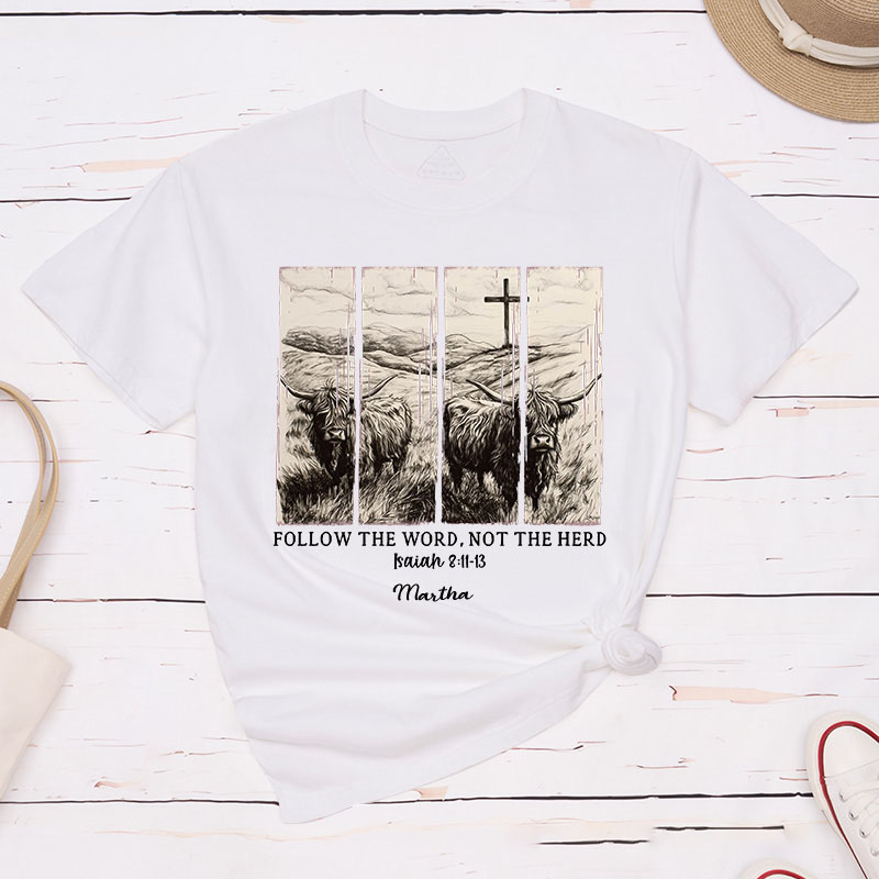 Personalized Follow the Word not the Herd Classic T-Shirt with Name Christian Bible Verse Shirt Religious Gift Faith Gift for Christians