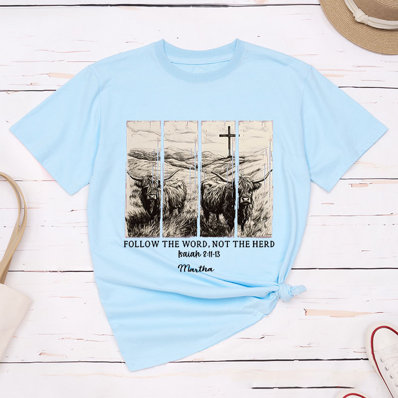 Personalized Follow the Word not the Herd Classic T-Shirt with Name Christian Bible Verse Shirt Religious Gift Faith Gift for Christians