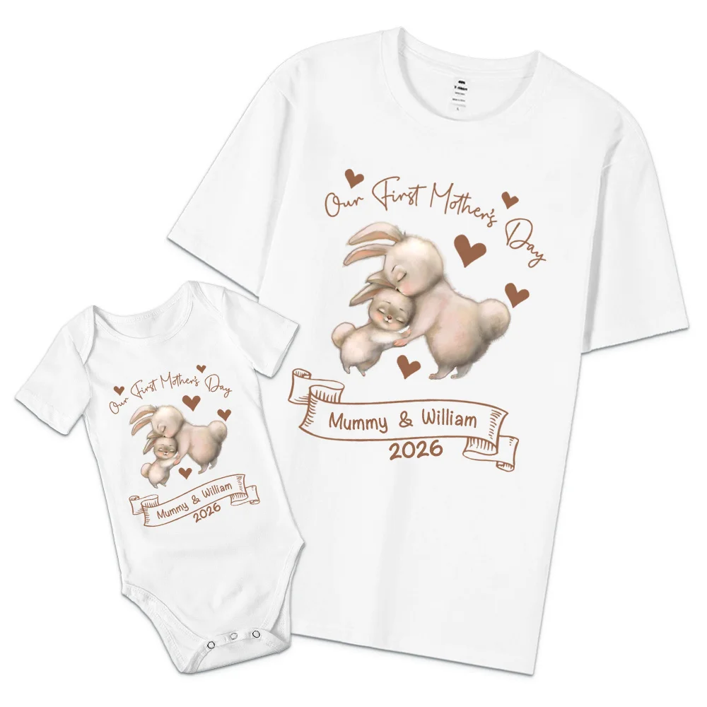 Personalized Cute Bear Bunny Giraffe 100% Cotton T-Shirt and Baby Onesie Our First Mother's Day T-shirt Funny Mummy and Baby Gift Mama and Me tee Baby bodysuit