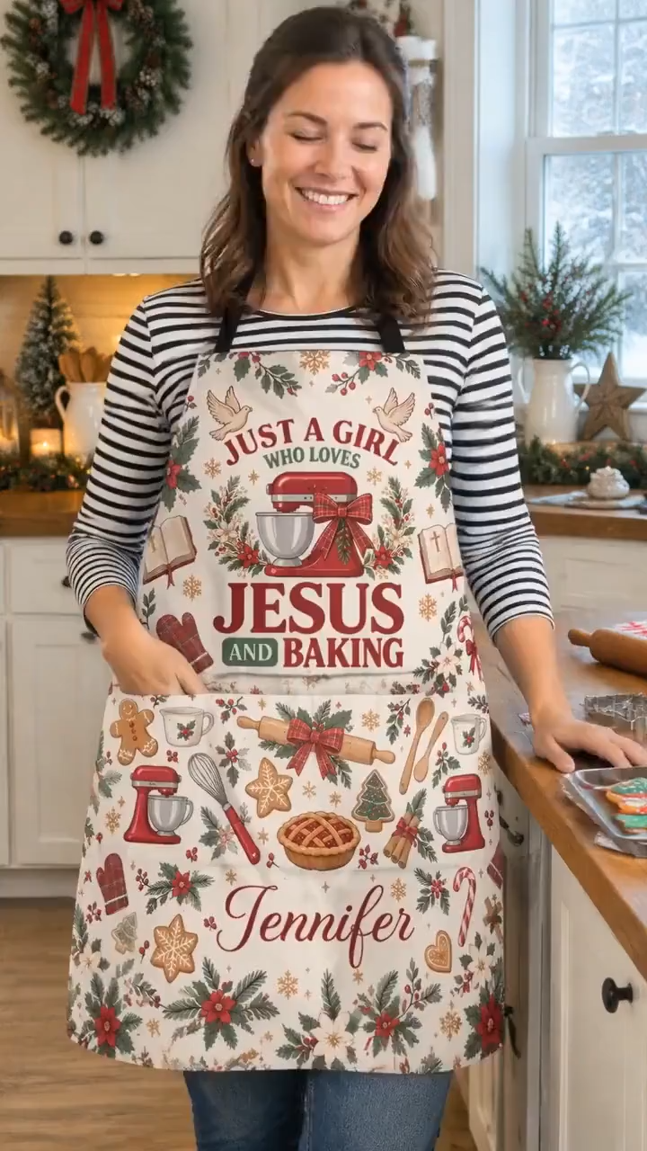 Personalized Just A Girl Who Loves Jesus and Baking Christmas Apron With 4 Pocket,Custom Christian Baker Apron, Gift for Christian Baker
