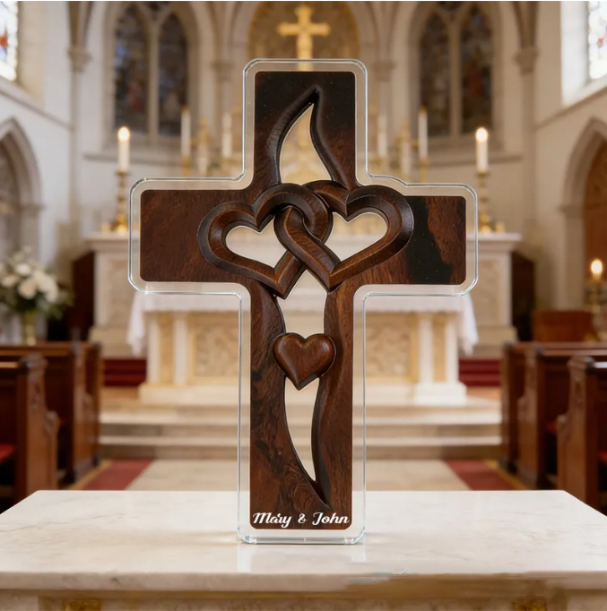 Personalized Cross with Double Hearts Acrylic Plaque with Custom Names Wood Grain Art Plaque Desktop Decor Wedding Gift Religious Gift for Couple