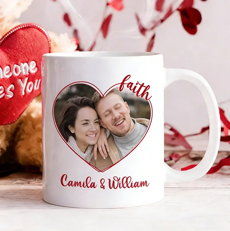 Personalized Faith Heart Line Photo 11oz 15oz Ceramic Coffee Mug with Custom Names Religious Christian Gift Valentine's Day Gift for Couples