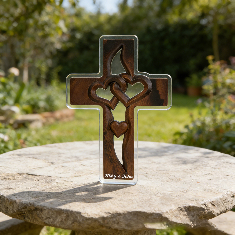 Personalized Cross with Double Hearts Acrylic Plaque with Custom Names Wood Grain Art Plaque Desktop Decor Wedding Gift Religious Gift for Couple