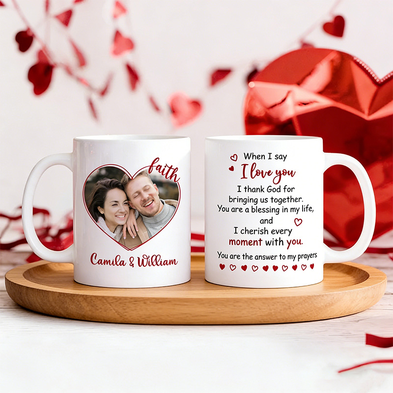 Personalized Faith Heart Line Photo 11oz 15oz Ceramic Coffee Mug with Custom Names Religious Christian Gift Valentine's Day Gift for Couples