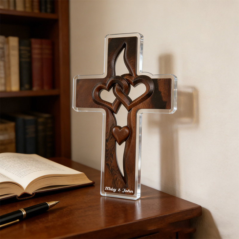 Personalized Cross with Double Hearts Acrylic Plaque with Custom Names Wood Grain Art Plaque Desktop Decor Wedding Gift Religious Gift for Couple