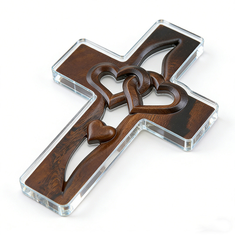 Personalized Cross with Double Hearts Acrylic Plaque with Custom Names Wood Grain Art Plaque Desktop Decor Wedding Gift Religious Gift for Couple