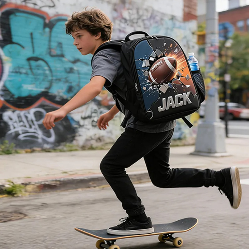 Personalized Football Backpack with Custom Name and Dynamic Design for Football Fans Black to School Gift