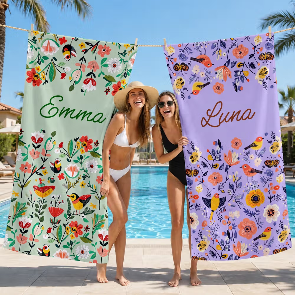 Personalized Floral Beach Towel with Name Custom Summer Gift for Women and Girls
