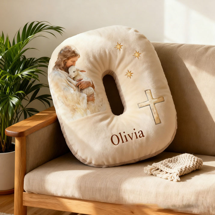 Personalized Jesus Lamb Letter Pillow with Custom Name Religious Home Decor Christian Gift Faith Prayer Gift Graphic 3D Print Pillow 