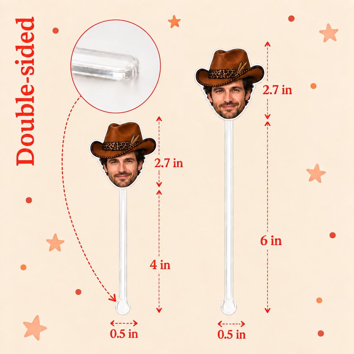 Personalized Photo Face Cocktail Stirrers, Party Hat Drink Decorations (Acrylic)