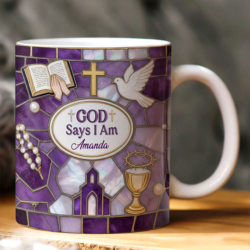 Personalized Stained Glass God Says i am 11oz 15oz Ceramic Mug with Custom Name Purple Coffee Mug Religious Gift for Christians