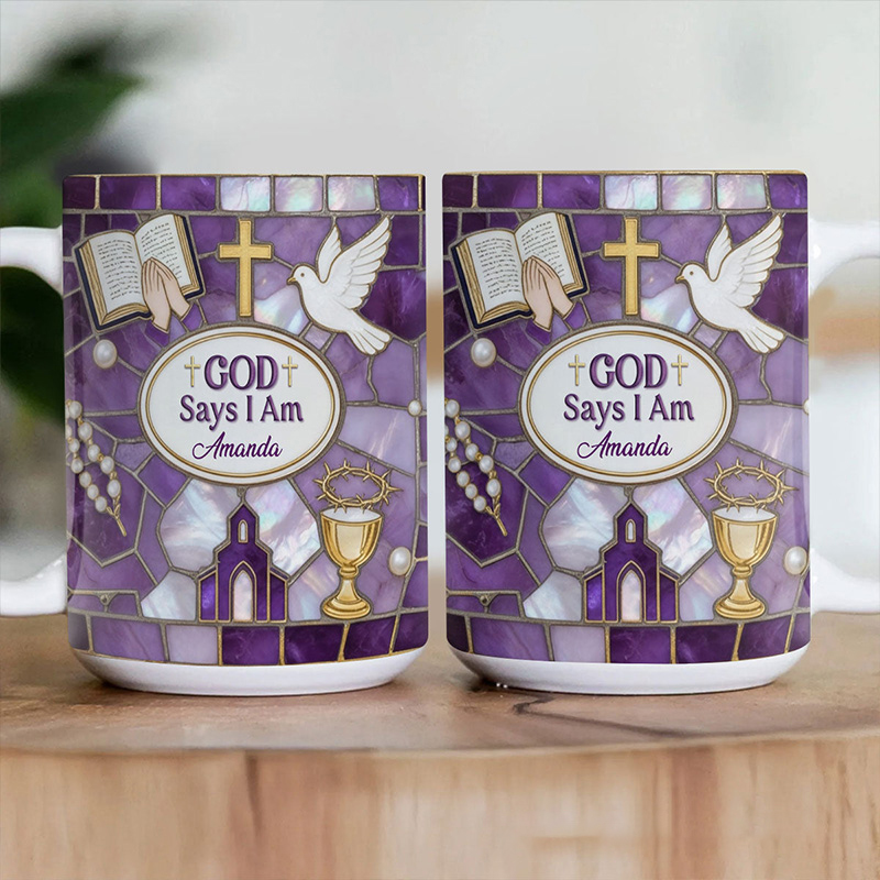 Personalized Stained Glass God Says i am 11oz 15oz Ceramic Mug with Custom Name Purple Coffee Mug Religious Gift for Christians