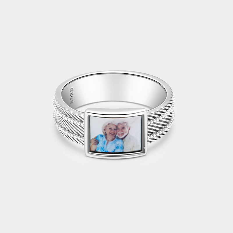Personalized Sterling Silver Photo Ring – Custom Picture Band with Intricate Textured Design 925 Sterling Silver Gifts for Her