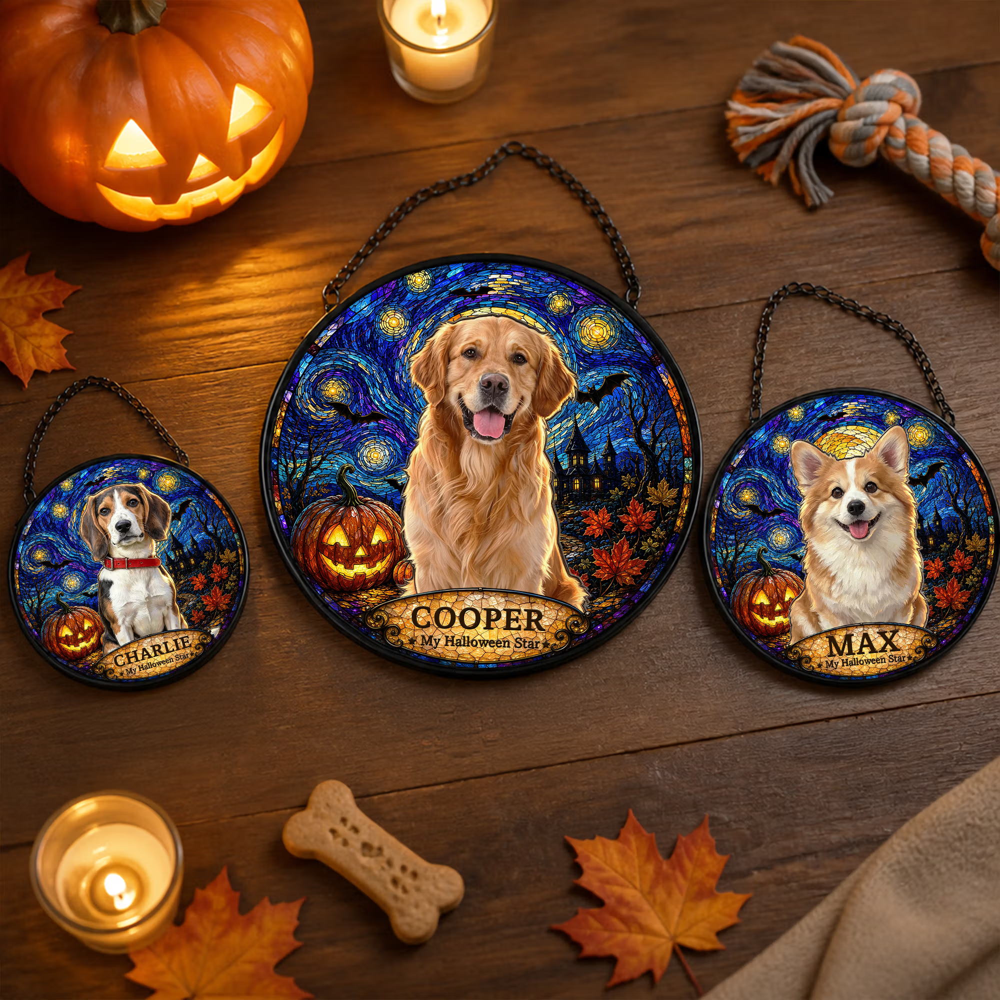 Personalized Stained Glass Style Van Gogh Art Pet Photo Window Hanging Suncatcher with Name Memorial Halloween Gift for Pet Owners